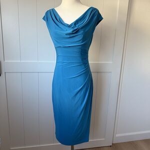 Lauren Ralph Lauren Dress Blue Draped Ruched Bodycon Cocktail Stretch Sz 6